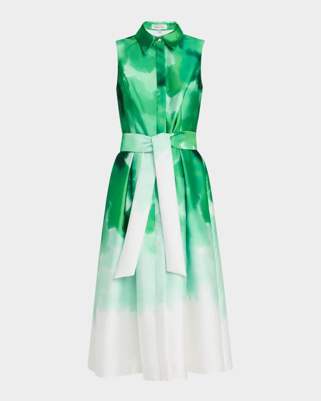 Watercolor-Print Mikado Midi Shirtdress